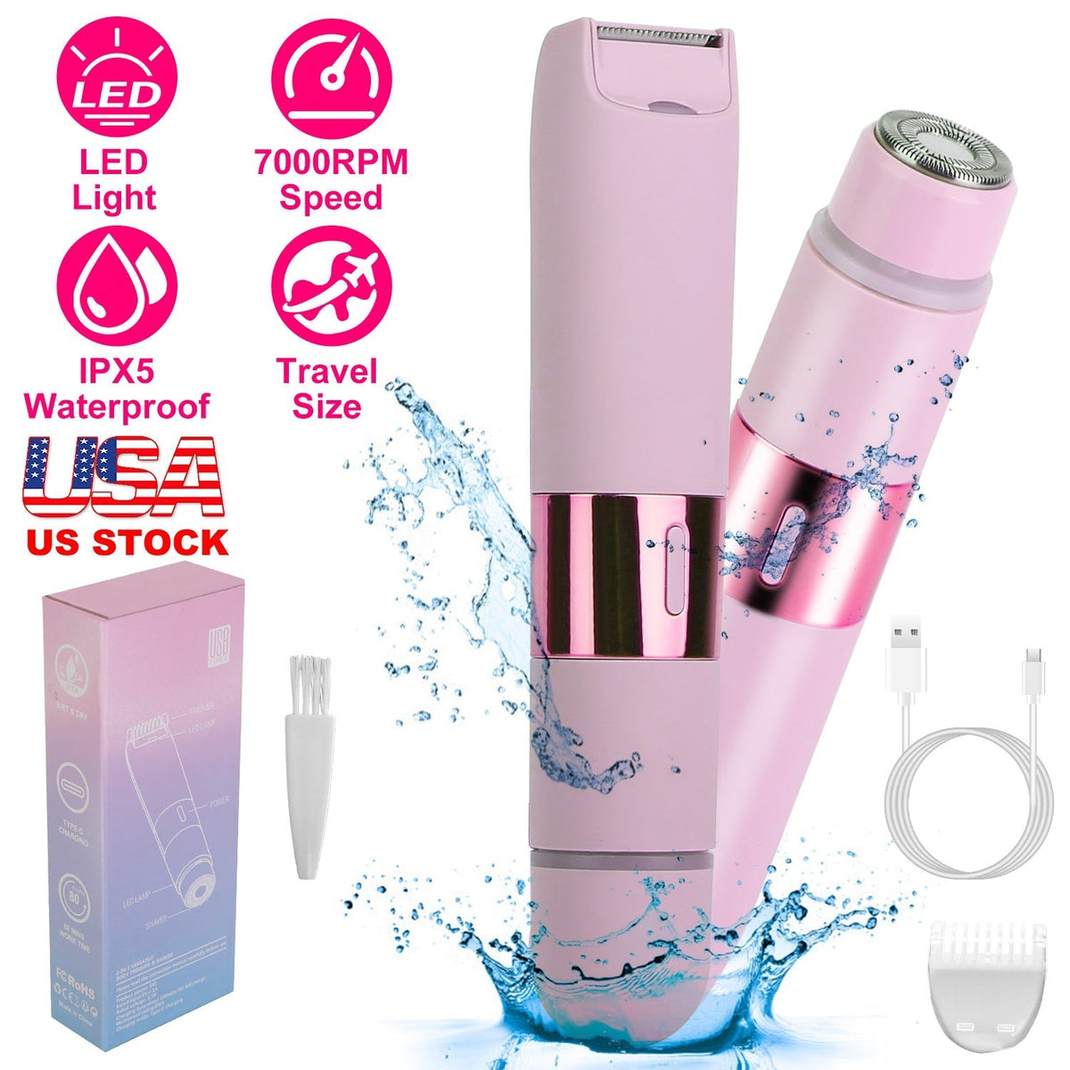2 In 1 Bikini Trimmer for Women Dual Head Cordless Body Shaver IPX5 Waterproof Rechargeable Pubic Hair Razor Wet And Dry Use for Bikini Underarm Leg A