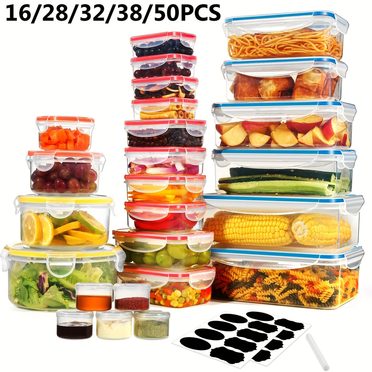 16-50PCS Food Storage Containers Set - BPA-Free Plastic Containers with Lids, Labels & Marker - Stackable, Leak-Proof, Reusable Kitchen Organizers for Meal Prep & Pantry Storage