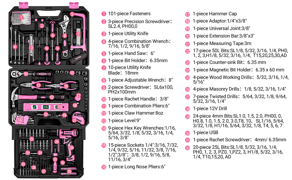 Home Toolbox with 12V Power Cordless Drill, Repair Tools, Case, Pink