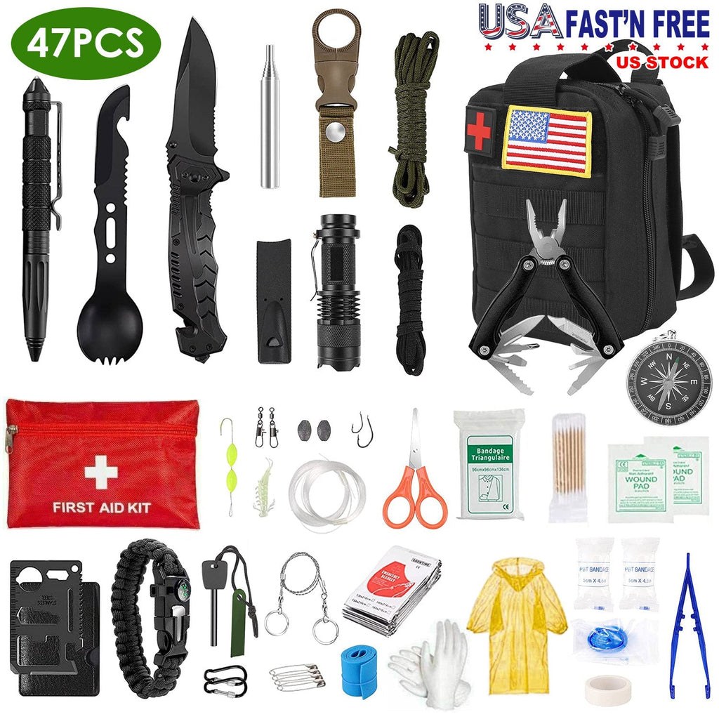 47Pcs Emergency Survival Kit Survival EDC Gear Equipment Tool First Aid Supplies Kit Tools with Pouch for Hiking Hunting Disaster Camping Adventure