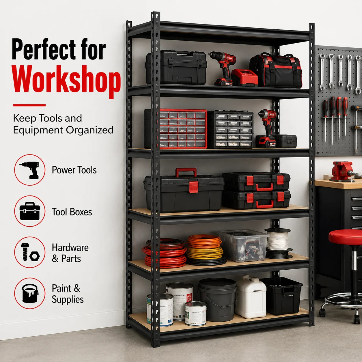 5-Tier Garage Storage Shelving Unit, 440 lb per Shelf, Heavy Duty Adjustable Metal Rack with MDF Shelves for Garage Basement Laundry Room