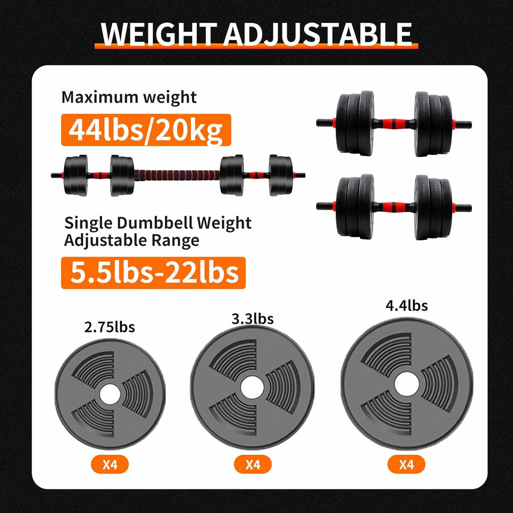 5-44lbs Adjustable Dumbbell to Barbell Set, Anti-Slip Grip, Versatile Home Gym Fitness, Strength Training,