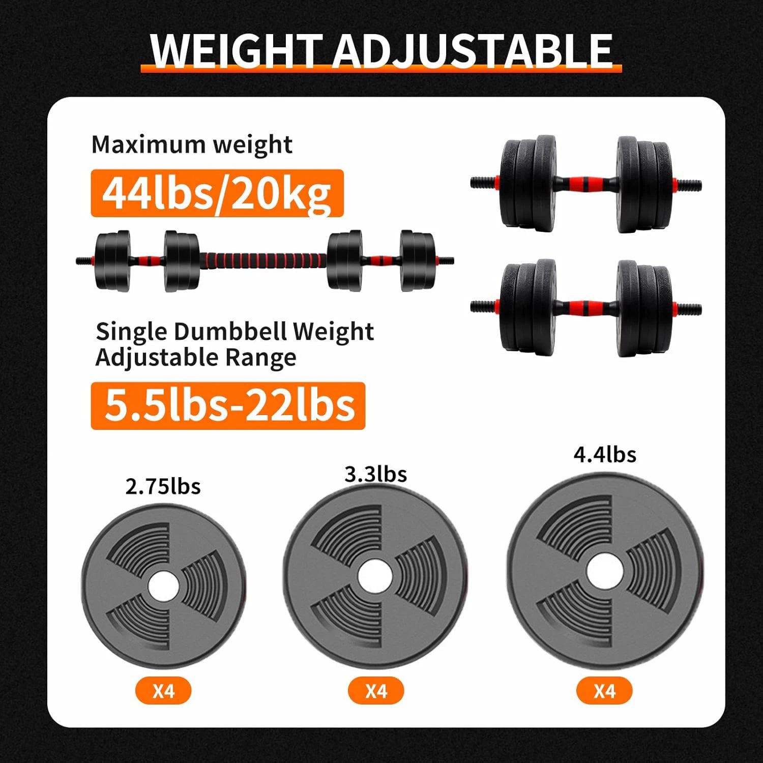 5-44lbs Adjustable Dumbbell to Barbell Set, Anti-Slip Grip, Versatile Home Gym Fitness, Strength Training,