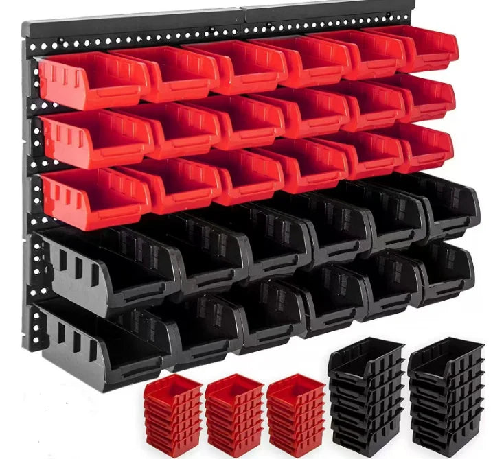 30-Bin Wall Mounted Small Parts Organizer, Garage Tool Storage Rack System with 2 Louvered Wall Panels, Stackable Plastic Bins for Screws, Nuts, Bolts, Nails