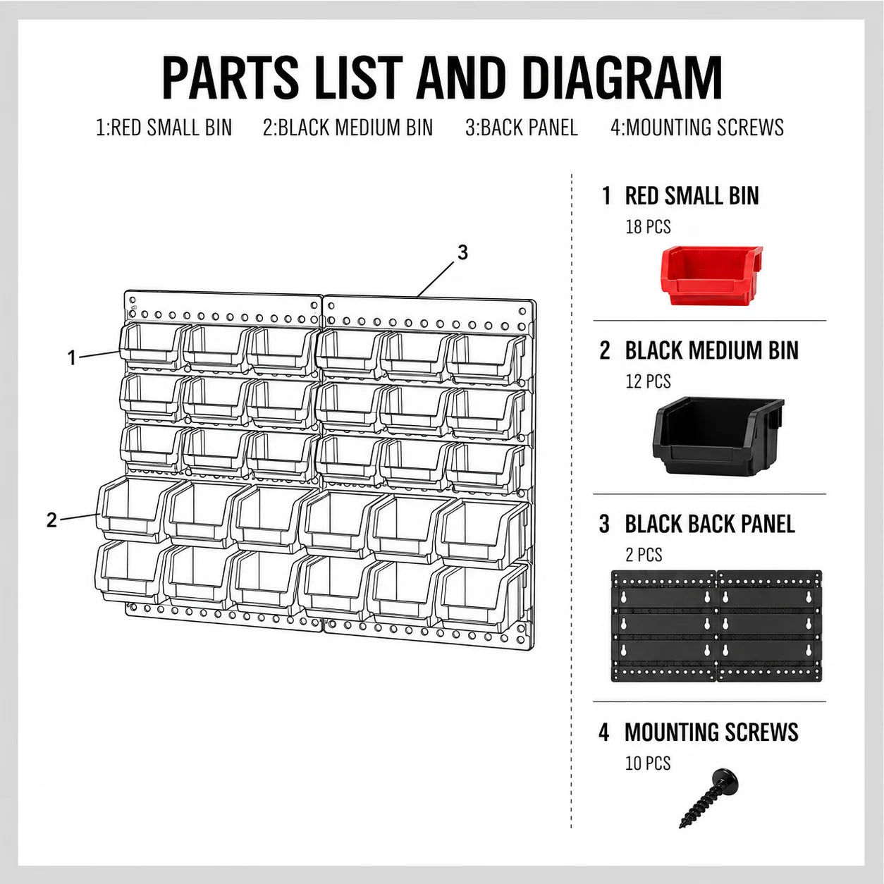 30-Bin Wall Mounted Small Parts Organizer, Garage Tool Storage Rack System with 2 Louvered Wall Panels, Stackable Plastic Bins for Screws, Nuts, Bolts, Nails