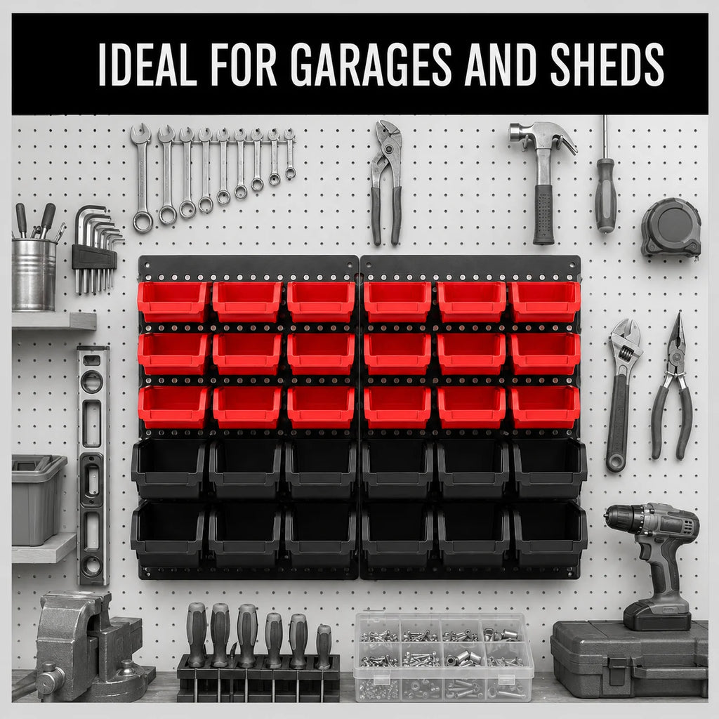 30-Bin Wall Mounted Small Parts Organizer, Garage Tool Storage Rack System with 2 Louvered Wall Panels, Stackable Plastic Bins for Screws, Nuts, Bolts, Nails