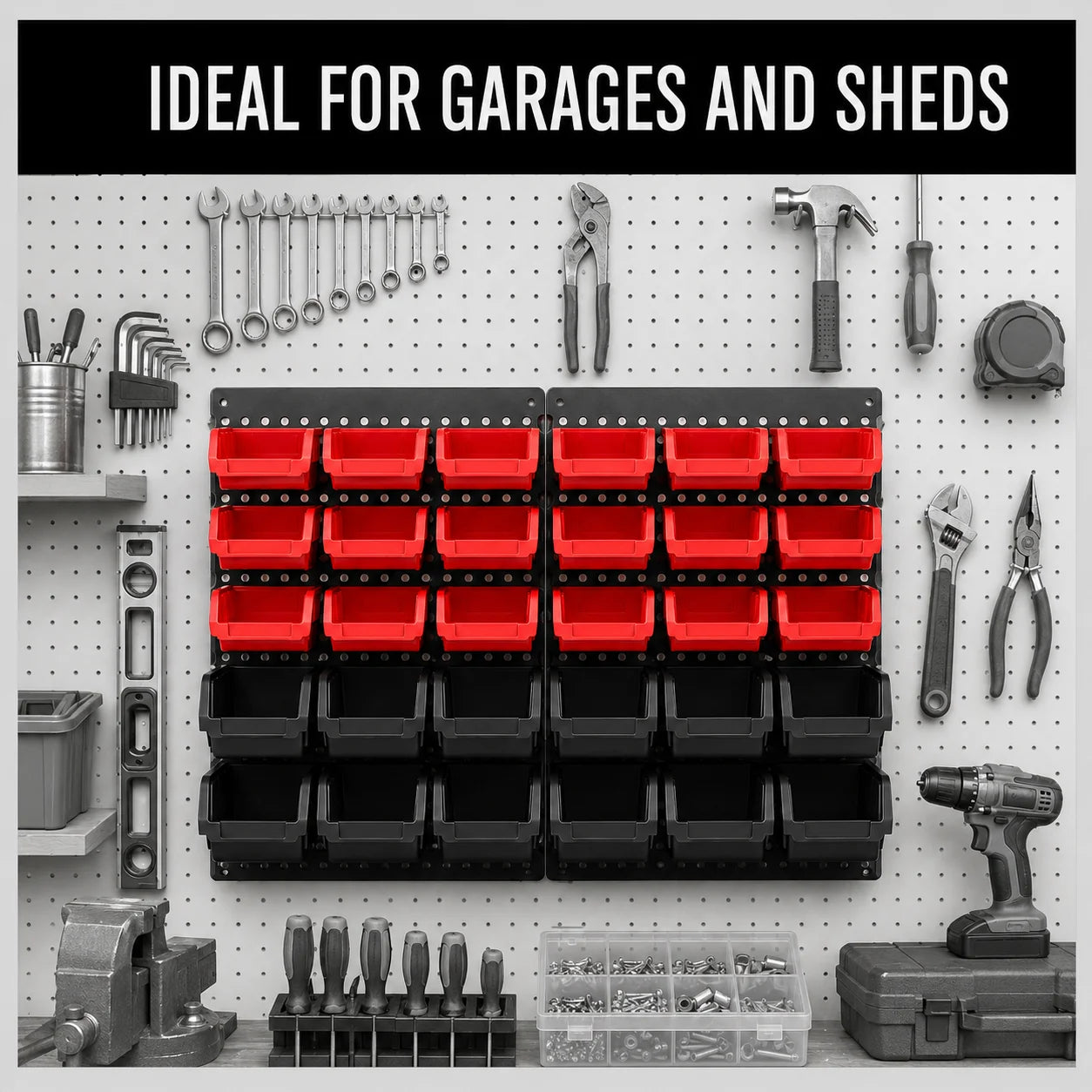30-Bin Wall Mounted Small Parts Organizer, Garage Tool Storage Rack System with 2 Louvered Wall Panels, Stackable Plastic Bins for Screws, Nuts, Bolts, Nails