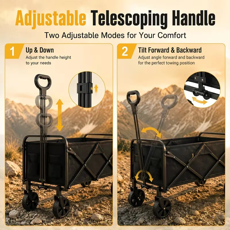 680Lbs/350Lbs/As Well As Lightweight Heavy Duty Folding Wagon Cart, All Terrain Collapsible Utility Wagon with Wheels, Large Capacity Folding Garden Cart for Camping, Shopping, Sports, Beach, Yard & Outdoor Use, Black Cart