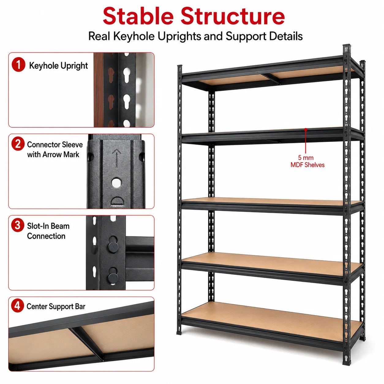 5-Tier Garage Storage Shelving Unit, 440 lb per Shelf, Heavy Duty Adjustable Metal Rack with MDF Shelves for Garage Basement Laundry Room