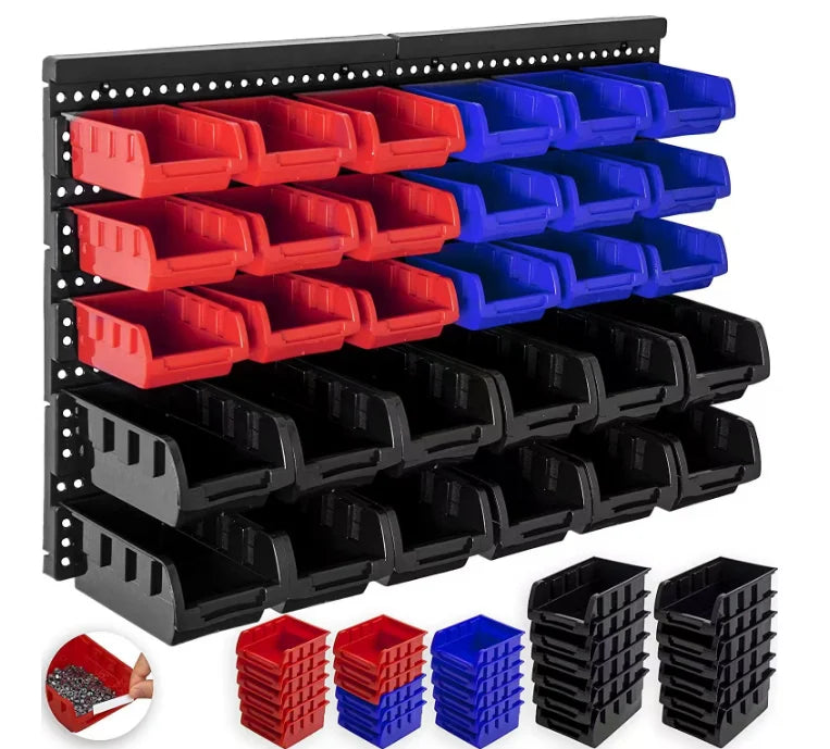 30-Bin Wall Mounted Small Parts Organizer, Garage Tool Storage Rack System with 2 Louvered Wall Panels, Stackable Plastic Bins for Screws, Nuts, Bolts, Nails