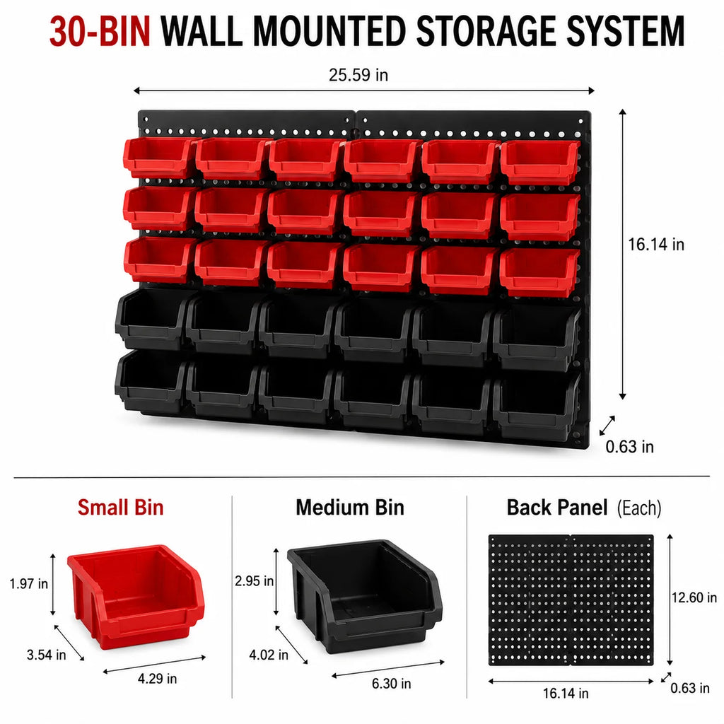30-Bin Wall Mounted Small Parts Organizer, Garage Tool Storage Rack System with 2 Louvered Wall Panels, Stackable Plastic Bins for Screws, Nuts, Bolts, Nails
