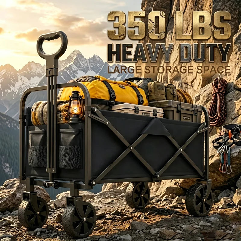 680Lbs/350Lbs/As Well As Lightweight Heavy Duty Folding Wagon Cart, All Terrain Collapsible Utility Wagon with Wheels, Large Capacity Folding Garden Cart for Camping, Shopping, Sports, Beach, Yard & Outdoor Use, Black Cart