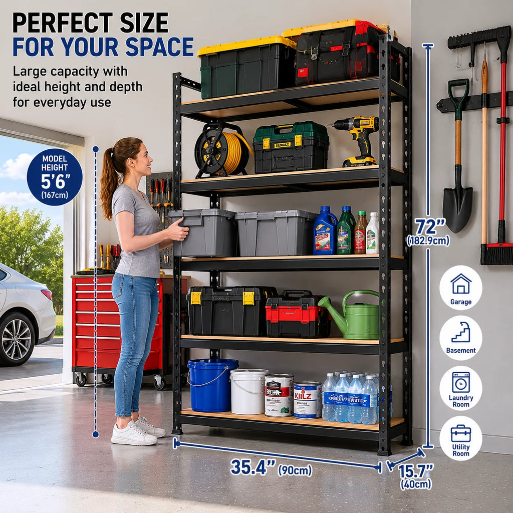 5-Tier Garage Storage Shelving Unit, 440 lb per Shelf, Heavy Duty Adjustable Metal Rack with MDF Shelves for Garage Basement Laundry Room