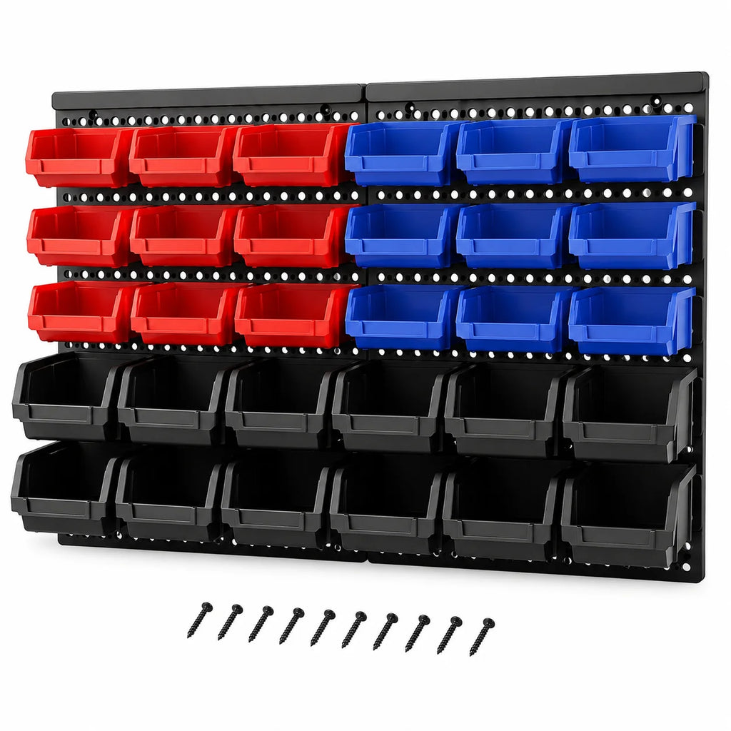 30-Bin Wall Mounted Small Parts Organizer, Garage Tool Storage Rack System with 2 Louvered Wall Panels, Stackable Plastic Bins for Screws, Nuts, Bolts, Nails
