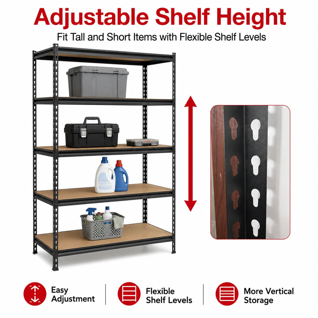 5-Tier Garage Storage Shelving Unit, 440 lb per Shelf, Heavy Duty Adjustable Metal Rack with MDF Shelves for Garage Basement Laundry Room