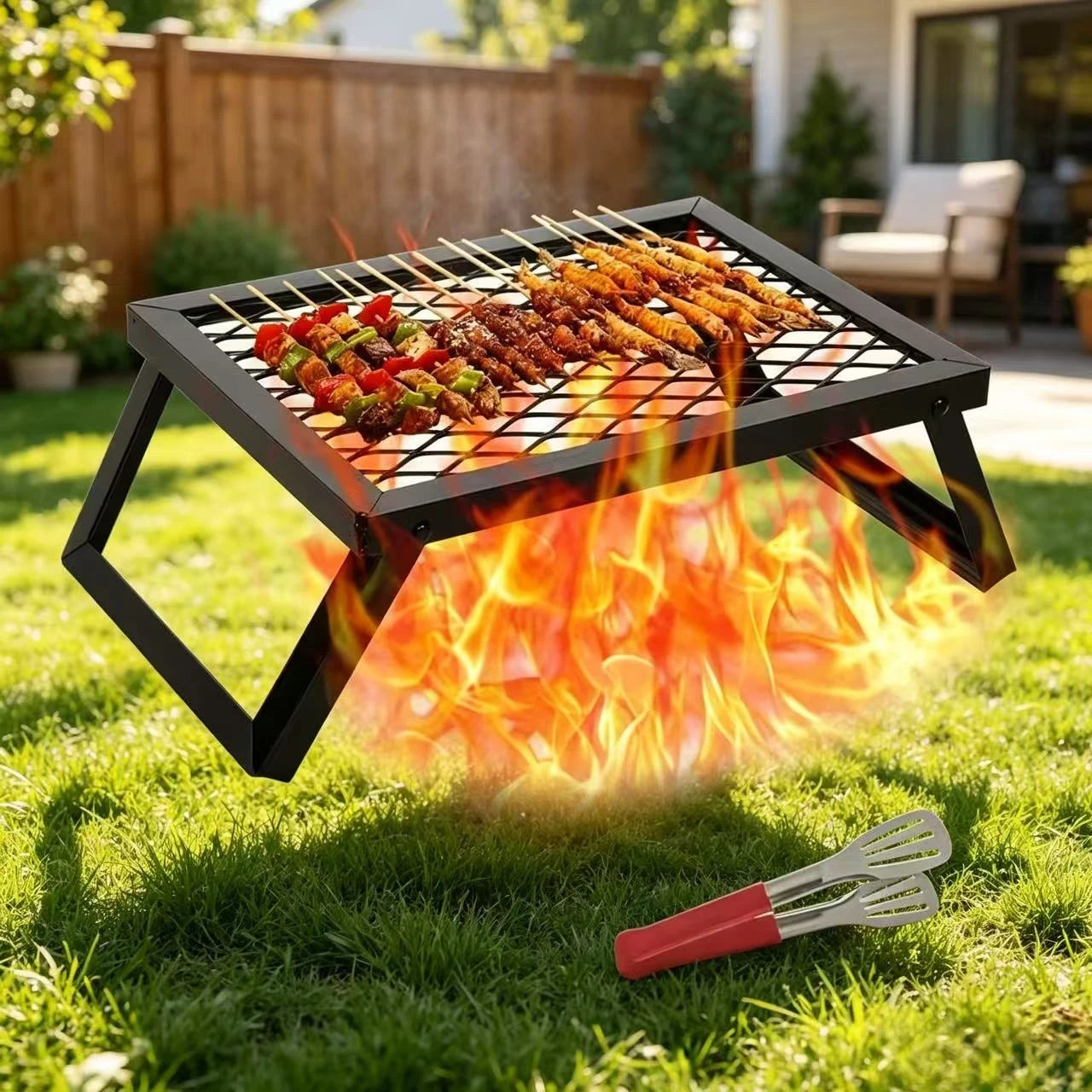 Portable folding barbecue grill, barbecue grill, bonfire rack, specially designed for outdoor camping bonfire cooking. For use in camps with open fire pits. good gifts