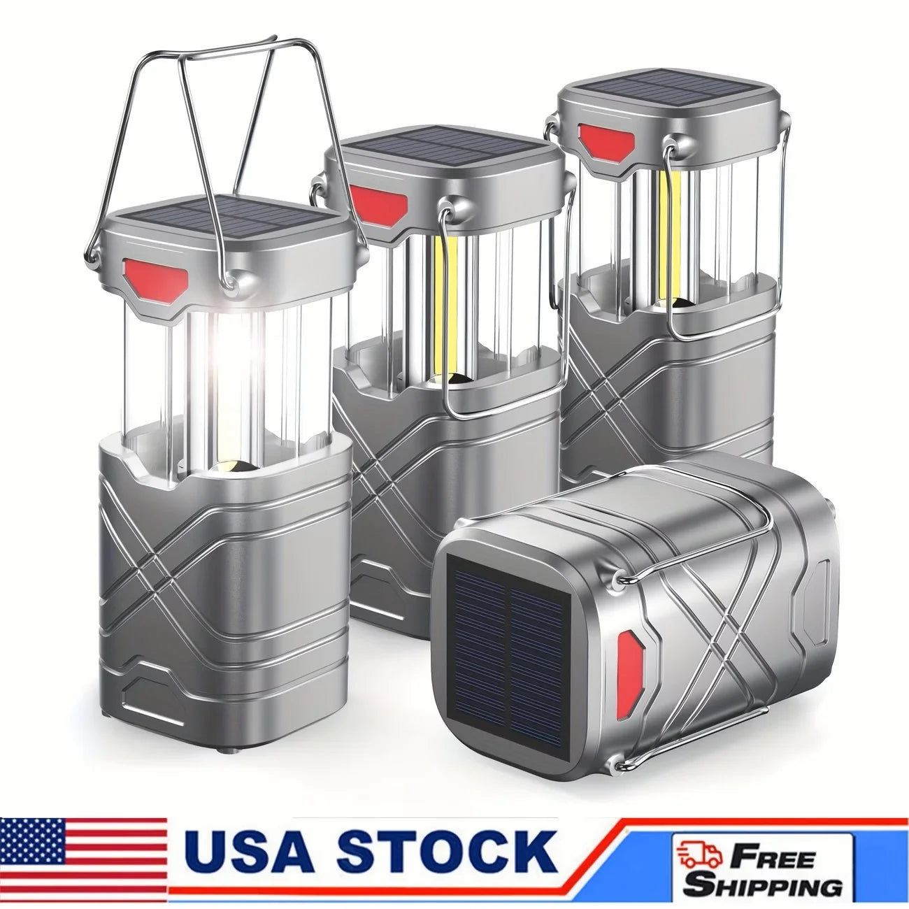 Solar Camping Lantern 2/4-Pack, Rechargeable LED with Flashlight, USB-C & Solar Powered, Collapsible for Outdoor,