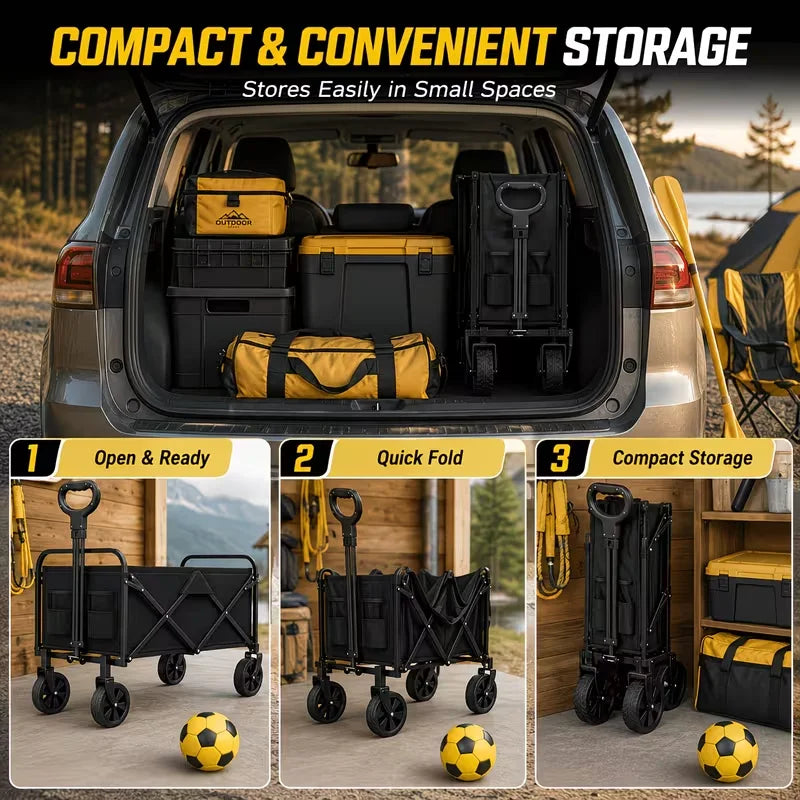 680Lbs/350Lbs/As Well As Lightweight Heavy Duty Folding Wagon Cart, All Terrain Collapsible Utility Wagon with Wheels, Large Capacity Folding Garden Cart for Camping, Shopping, Sports, Beach, Yard & Outdoor Use, Black Cart