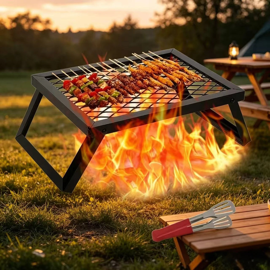 Portable folding barbecue grill, barbecue grill, bonfire rack, specially designed for outdoor camping bonfire cooking. For use in camps with open fire pits. good gifts