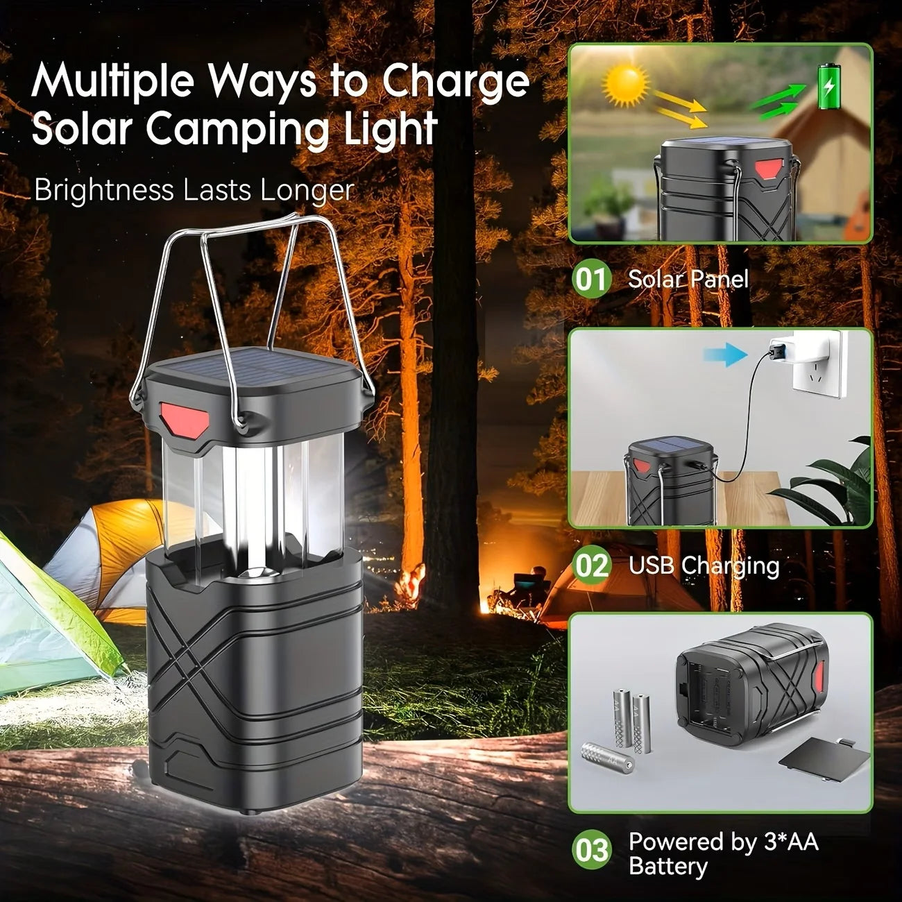 Solar Camping Lantern 2/4-Pack, Rechargeable LED with Flashlight, USB-C & Solar Powered, Collapsible for Outdoor,