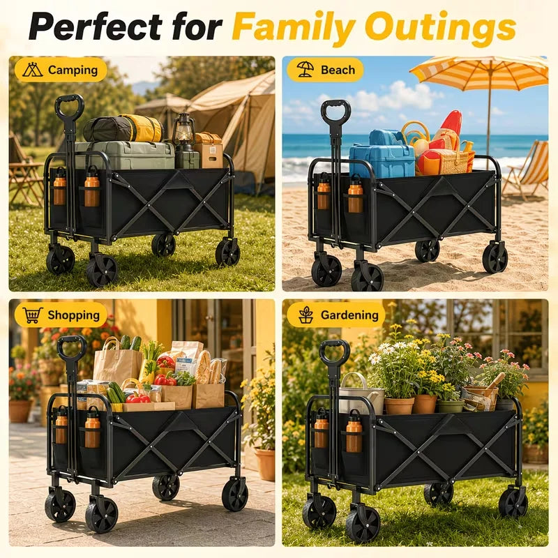 680Lbs/350Lbs/As Well As Lightweight Heavy Duty Folding Wagon Cart, All Terrain Collapsible Utility Wagon with Wheels, Large Capacity Folding Garden Cart for Camping, Shopping, Sports, Beach, Yard & Outdoor Use, Black Cart
