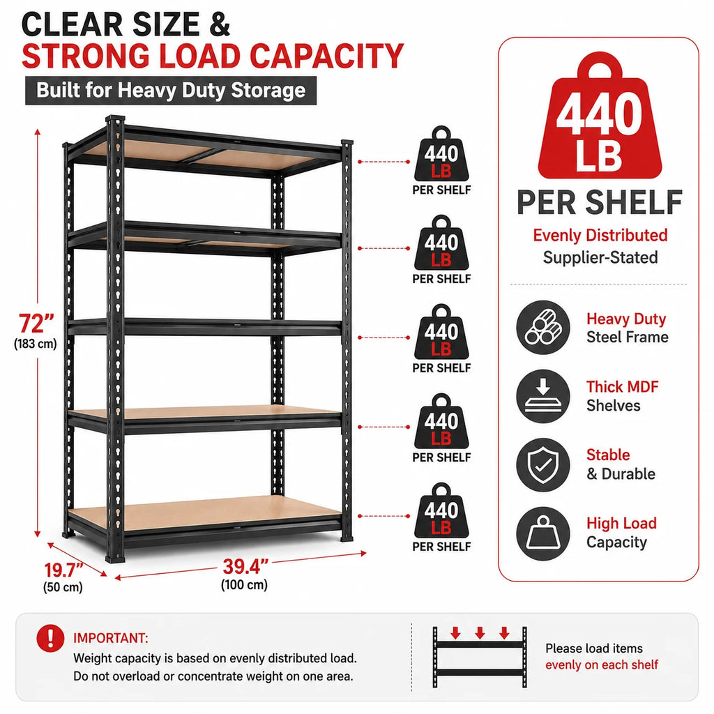 5-Tier Garage Storage Shelving Unit, 440 lb per Shelf, Heavy Duty Adjustable Metal Rack with MDF Shelves for Garage Basement Laundry Room