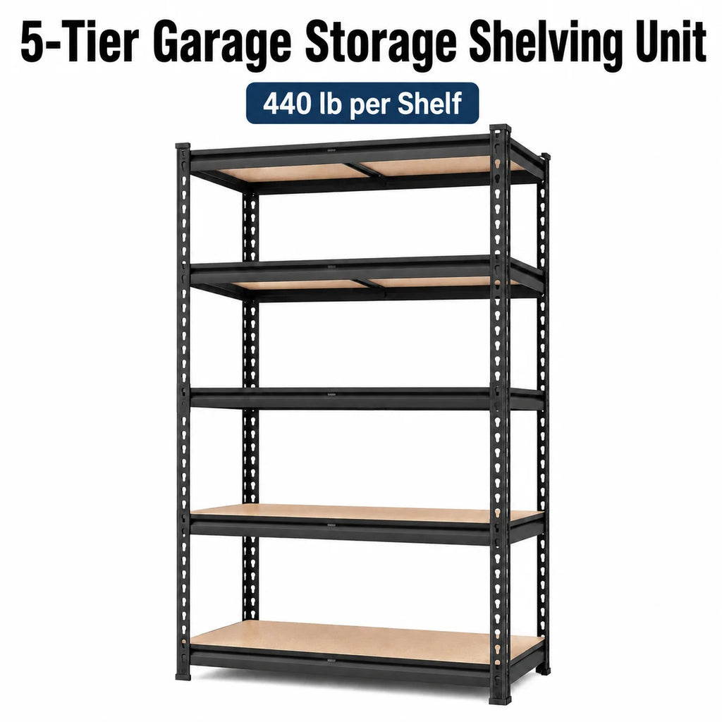 5-Tier Garage Storage Shelving Unit, 440 lb per Shelf, Heavy Duty Adjustable Metal Rack with MDF Shelves for Garage Basement Laundry Room