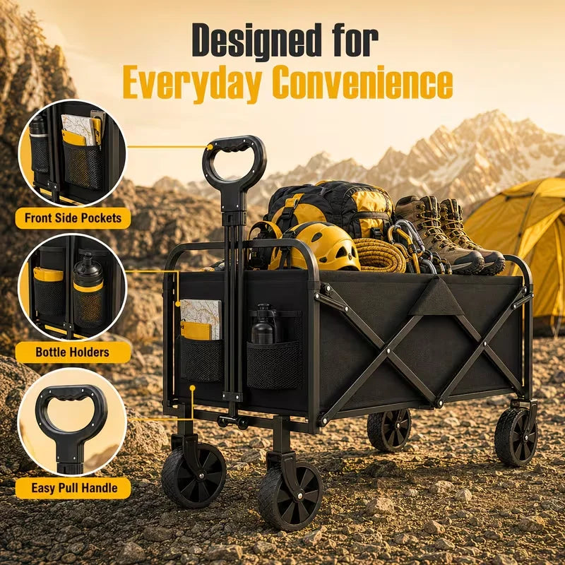 680Lbs/350Lbs/As Well As Lightweight Heavy Duty Folding Wagon Cart, All Terrain Collapsible Utility Wagon with Wheels, Large Capacity Folding Garden Cart for Camping, Shopping, Sports, Beach, Yard & Outdoor Use, Black Cart