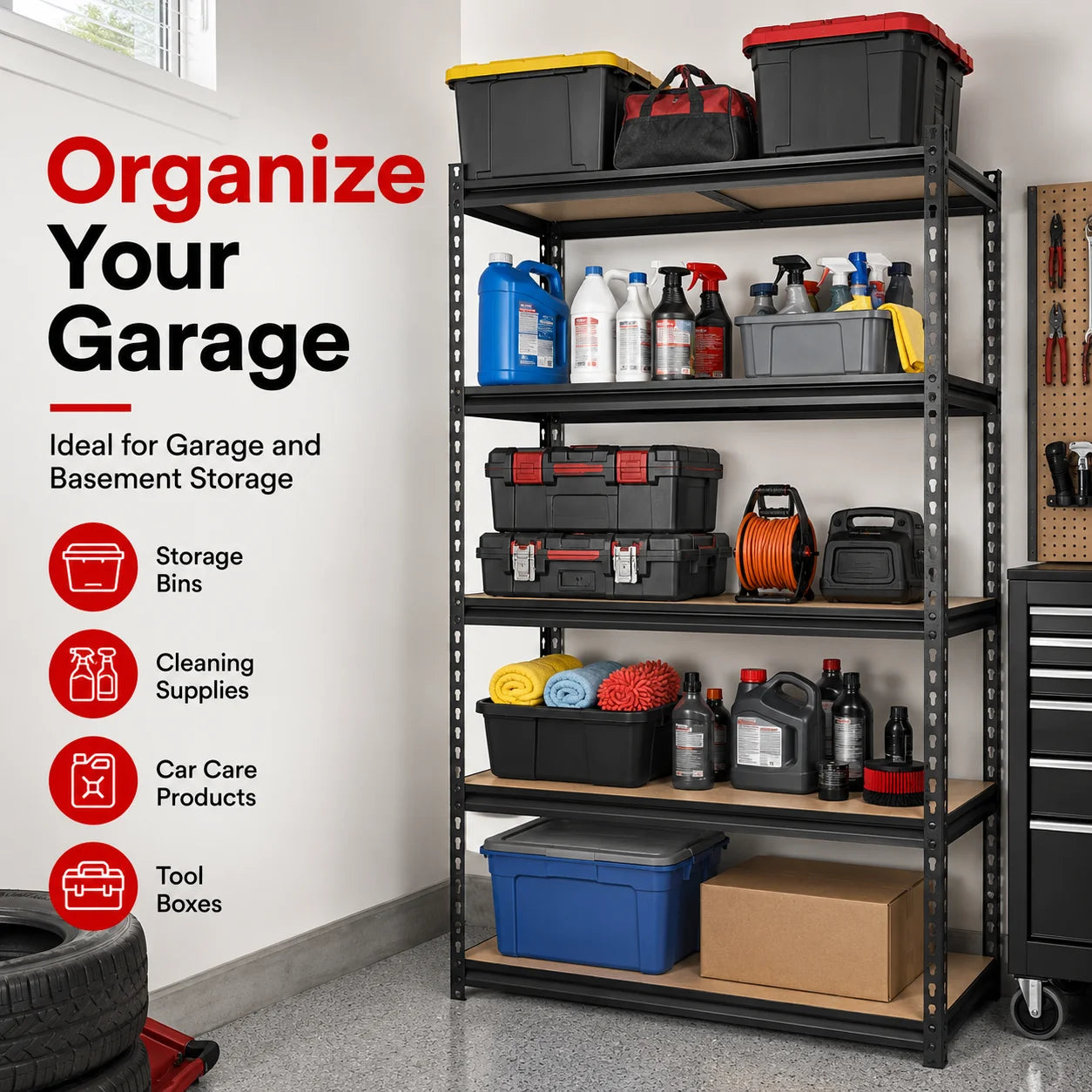 5-Tier Garage Storage Shelving Unit, 440 lb per Shelf, Heavy Duty Adjustable Metal Rack with MDF Shelves for Garage Basement Laundry Room
