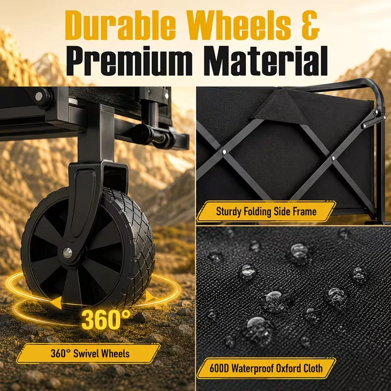 680Lbs/350Lbs/As Well As Lightweight Heavy Duty Folding Wagon Cart, All Terrain Collapsible Utility Wagon with Wheels, Large Capacity Folding Garden Cart for Camping, Shopping, Sports, Beach, Yard & Outdoor Use, Black Cart