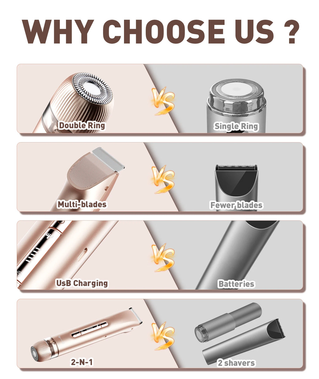Bikini Trimmer for Women - 2 in 1 Electric Razors for Women - Dual Head Electric Shaver - IPX7 Waterproof Wet & Dry Use Body Hai