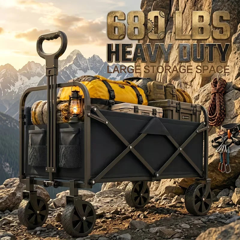 680Lbs/350Lbs/As Well As Lightweight Heavy Duty Folding Wagon Cart, All Terrain Collapsible Utility Wagon with Wheels, Large Capacity Folding Garden Cart for Camping, Shopping, Sports, Beach, Yard & Outdoor Use, Black Cart