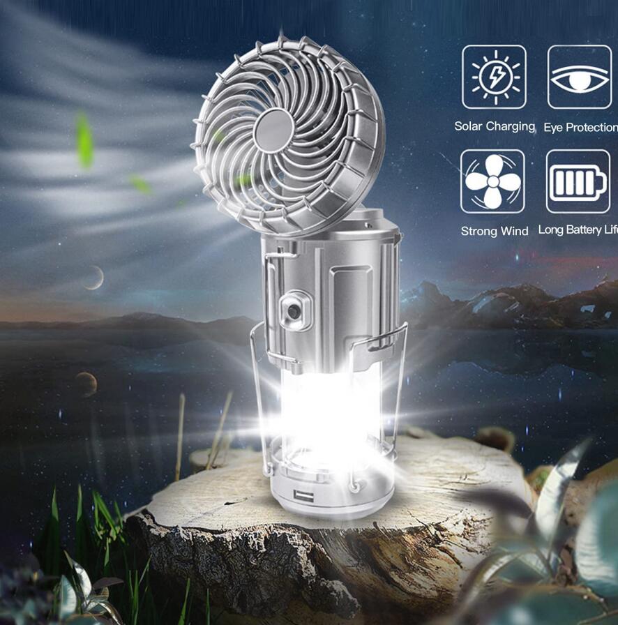 Portable Outdoor LED Camping Lantern With Fan Solar Charge Rechargeable Light Hanging Tent Lamp Flashlight