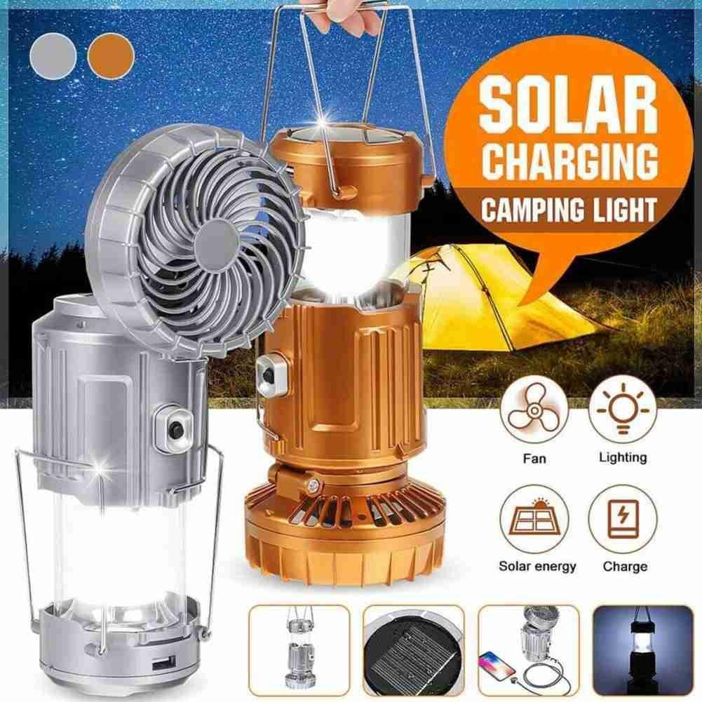 Portable Outdoor LED Camping Lantern With Fan Solar Charge Rechargeable Light Hanging Tent Lamp Flashlight