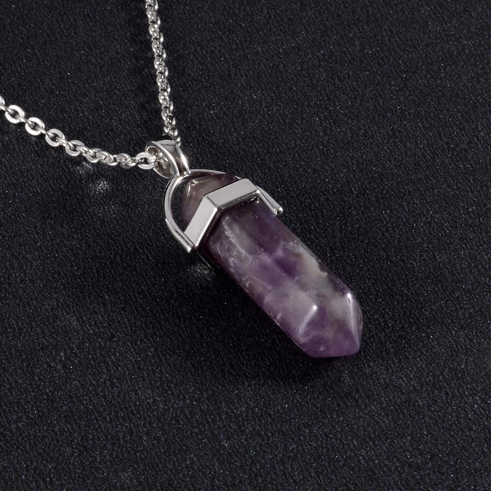 1PCS Natural Quartz Obsidian Crystal Hexagonal Chakra Healing Point Pendulum, Stone Pendant Necklace