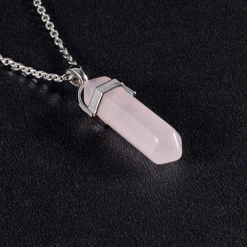 1PCS Natural Quartz Obsidian Crystal Hexagonal Chakra Healing Point Pendulum, Stone Pendant Necklace