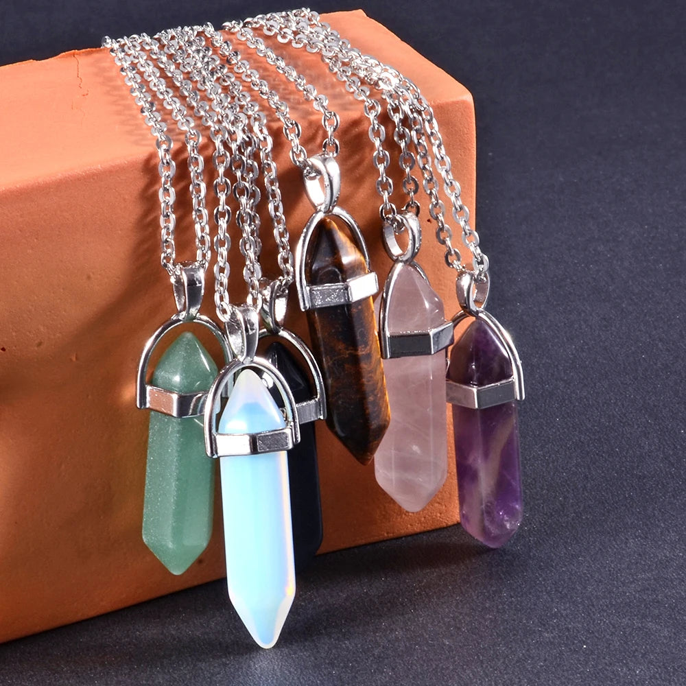 1PCS Natural Quartz Obsidian Crystal Hexagonal Chakra Healing Point Pendulum, Stone Pendant Necklace
