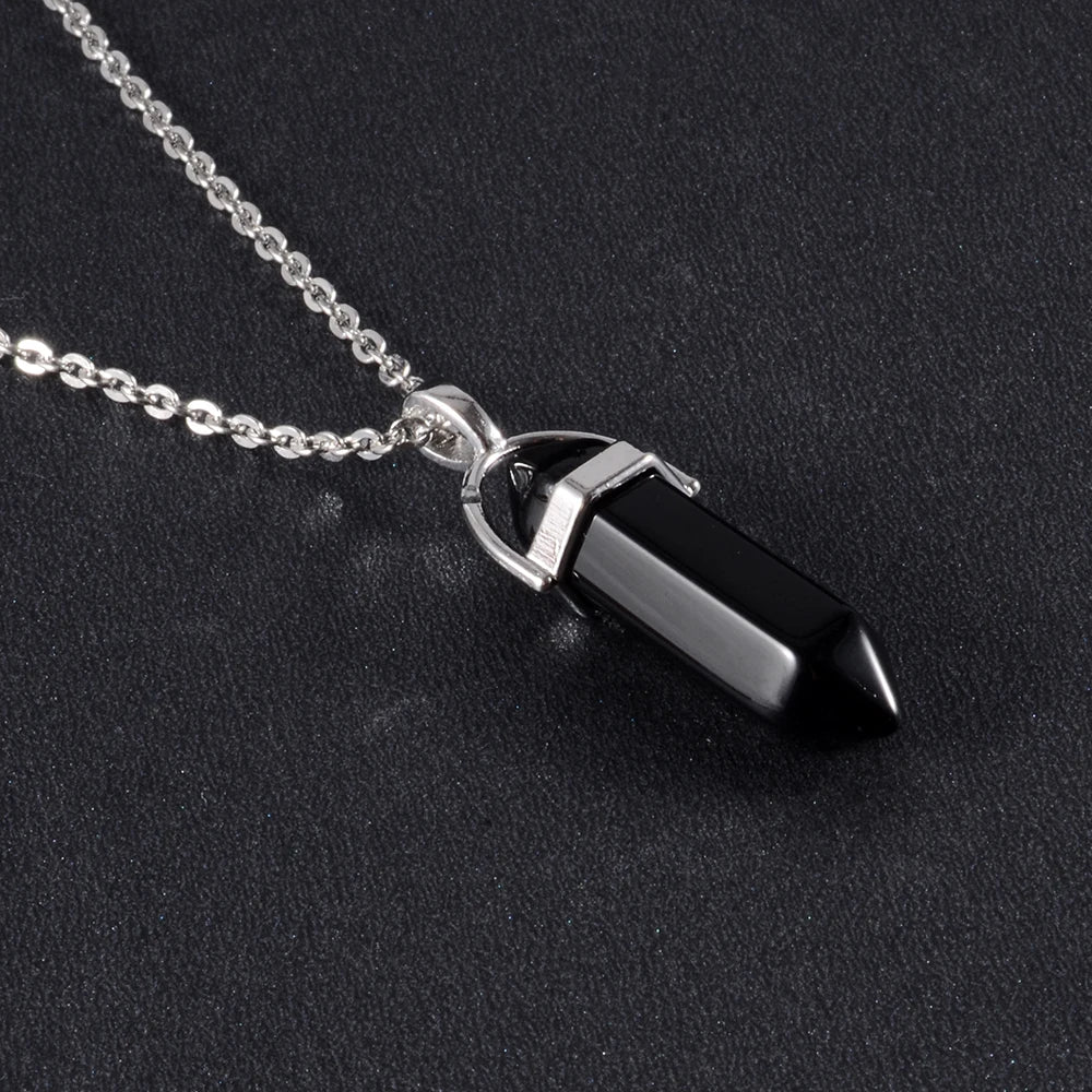 1PCS Natural Quartz Obsidian Crystal Hexagonal Chakra Healing Point Pendulum, Stone Pendant Necklace