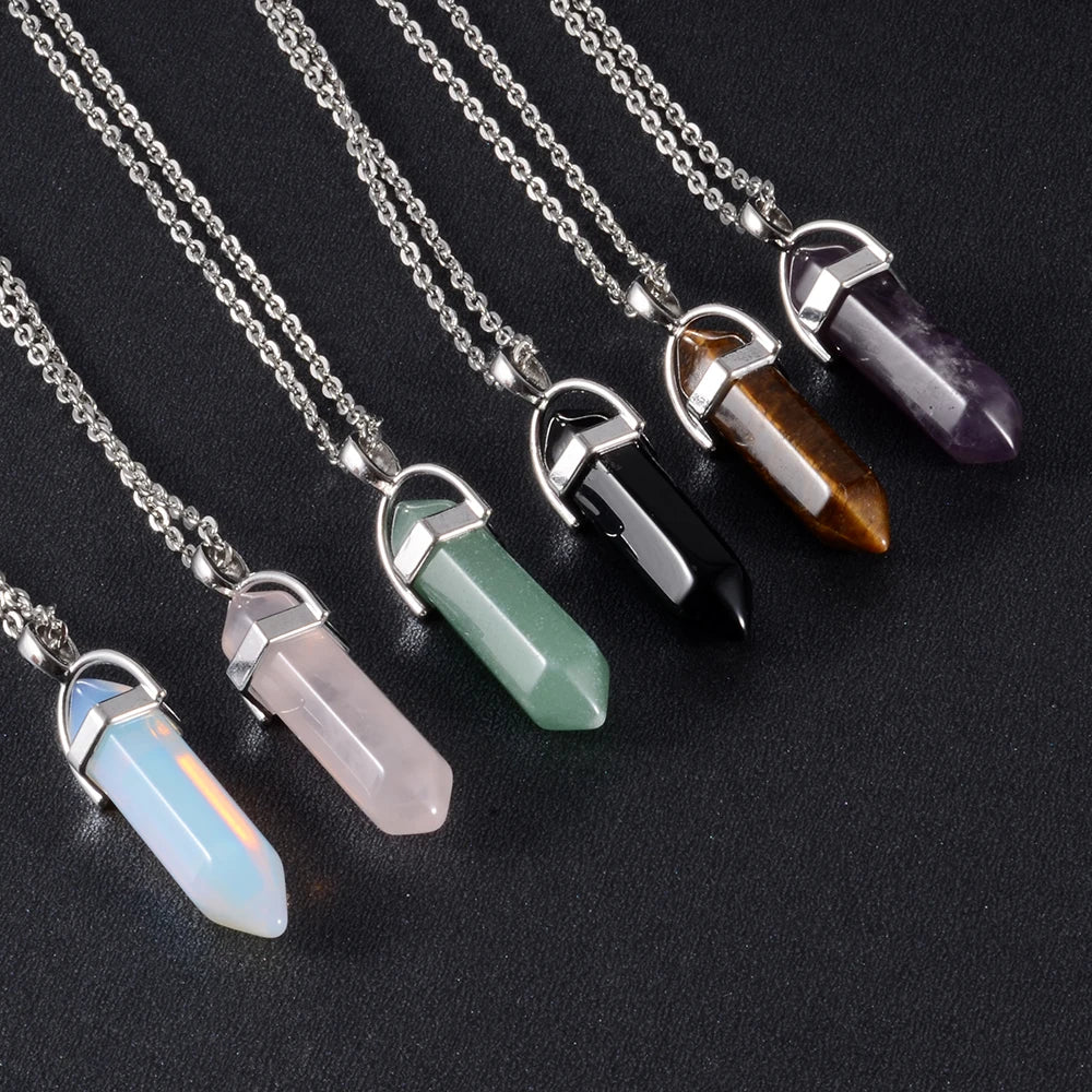 1PCS Natural Quartz Obsidian Crystal Hexagonal Chakra Healing Point Pendulum, Stone Pendant Necklace