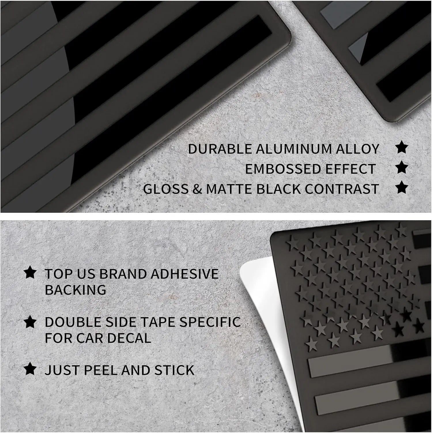 2 Pcs Embossed 3D Metal All Black American Flag Emblem Decal Stickers (1 Pair), Matte Black 5" x 3" Patriotic USA US Flag Car Decals Bumper Stickers for Truck, Window, Motorcycle, Support US Military