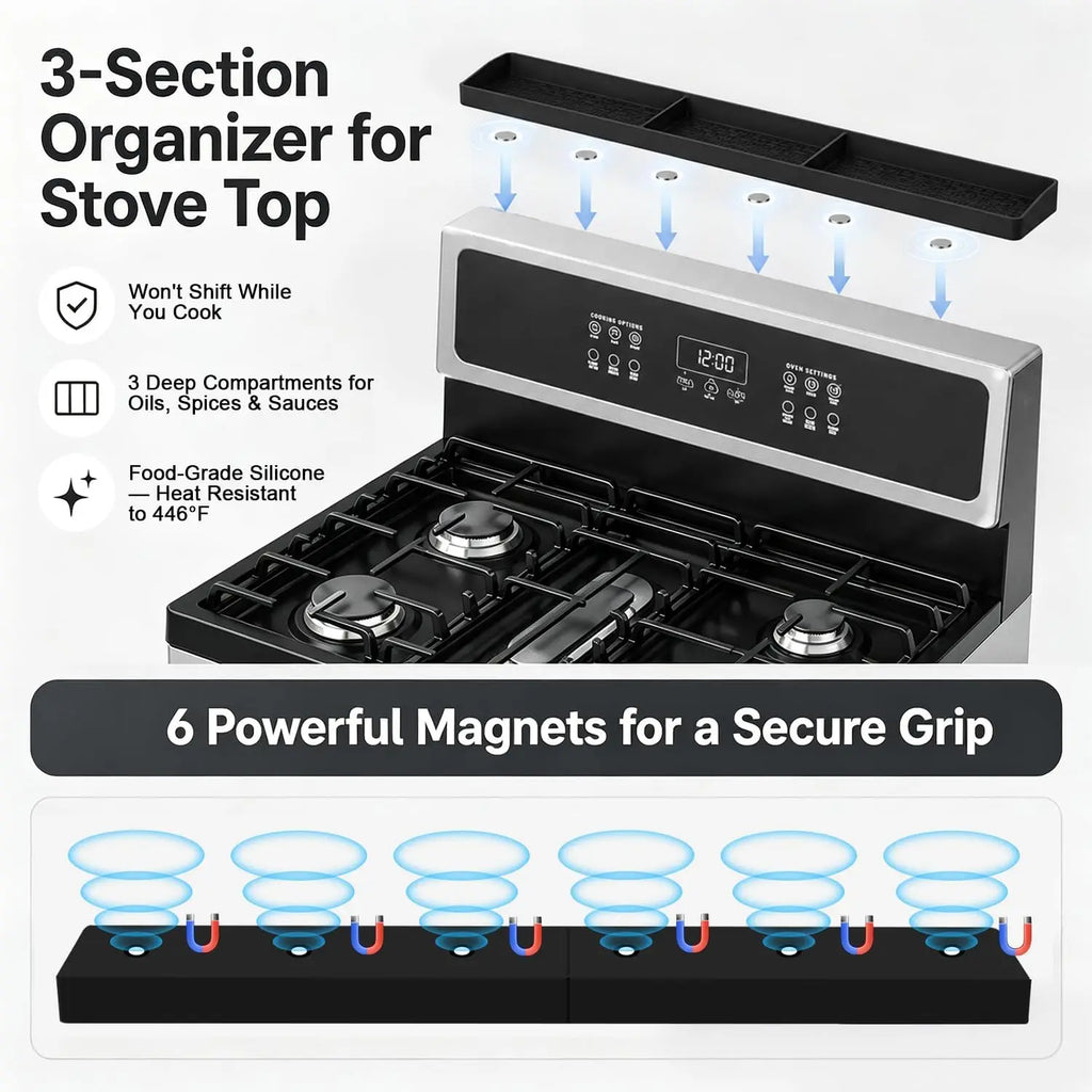 30" Magnetic Stove Top Shelf Silicone Spice Rack with 3 Compartments for Kitchen Organization