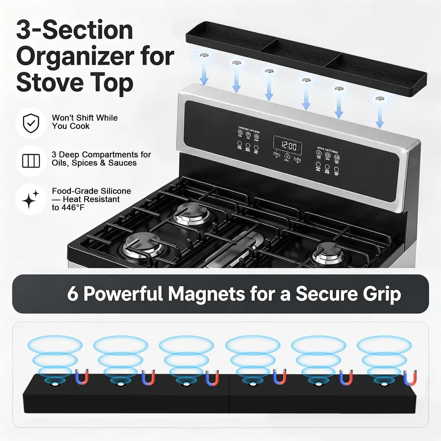 30" Magnetic Stove Top Shelf Silicone Spice Rack with 3 Compartments for Kitchen Organization