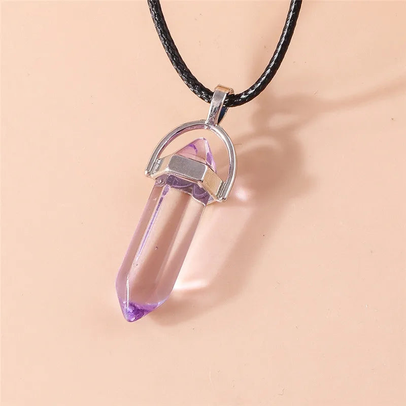 Stone Quartz Gem, Pink Crystal Stone Hexagonal Column Pendant, Necklaces, Leather Chain Bullet Necklace