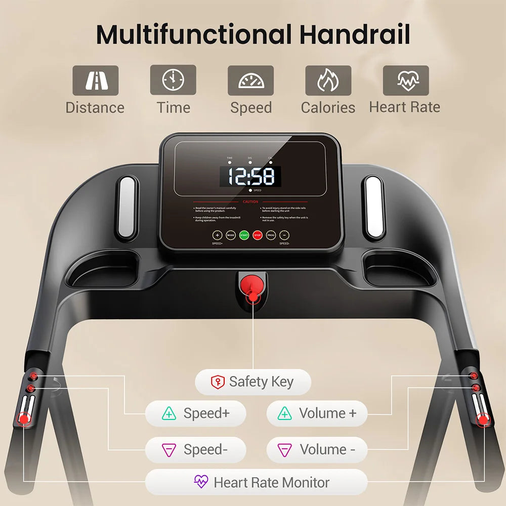 ROBORE P9 Treadmill with Handle, 2.5HP Brushless Motor, 1-12 km/h Speed, 120kg Max Load, 102×38cm Running Belt, LED Display, Heart Rate Monitor, Shock Absorbing Belt, Foldable Compact Home
