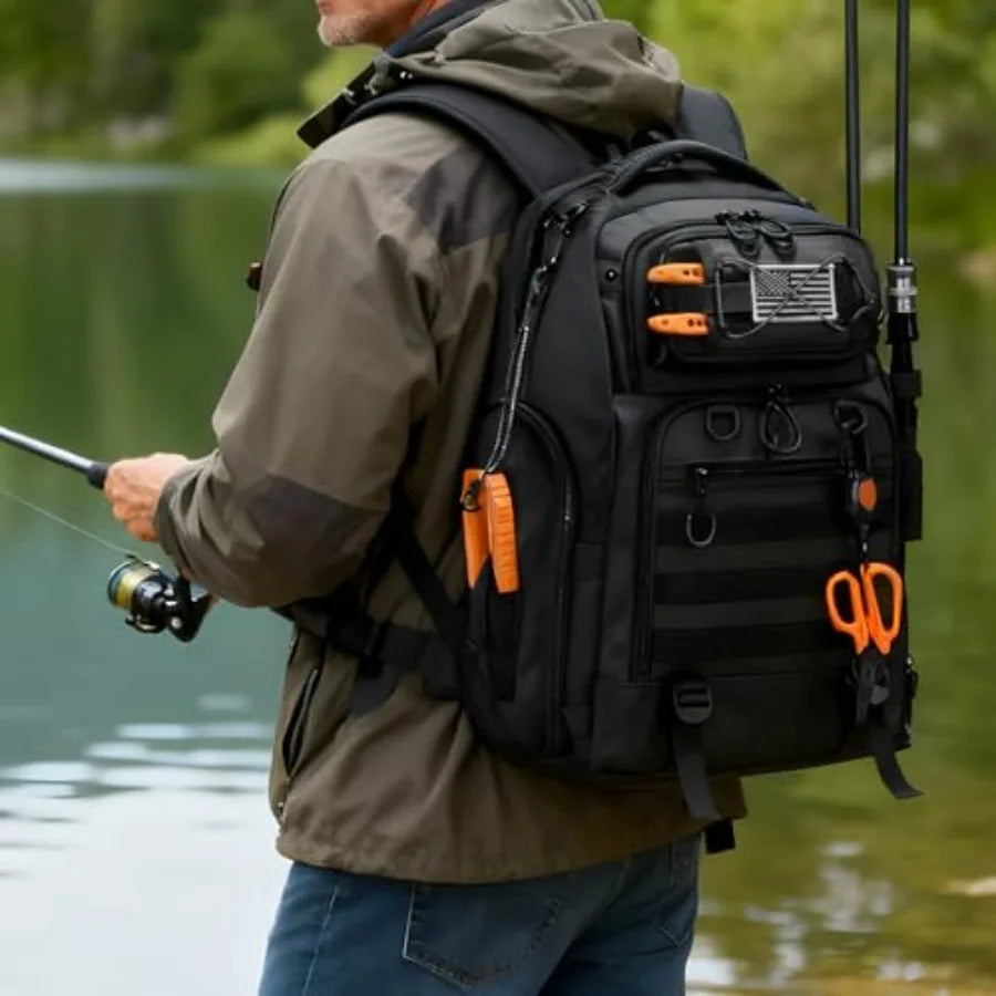 50L Fishing Tackle Backpack with Removable Lure Wraps, Include 4 3600 Tackle Boxes, 2 Rod Holders Storage Fishing Gear and Equi