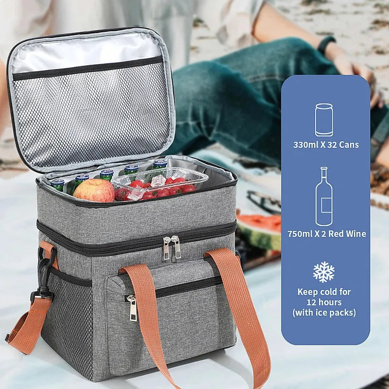 1PC Large Capacity Double Layers Thermal Insulation Lunch Bag Picnic Tote Food Drink Storage Cooler Bag with Shoulder Strap