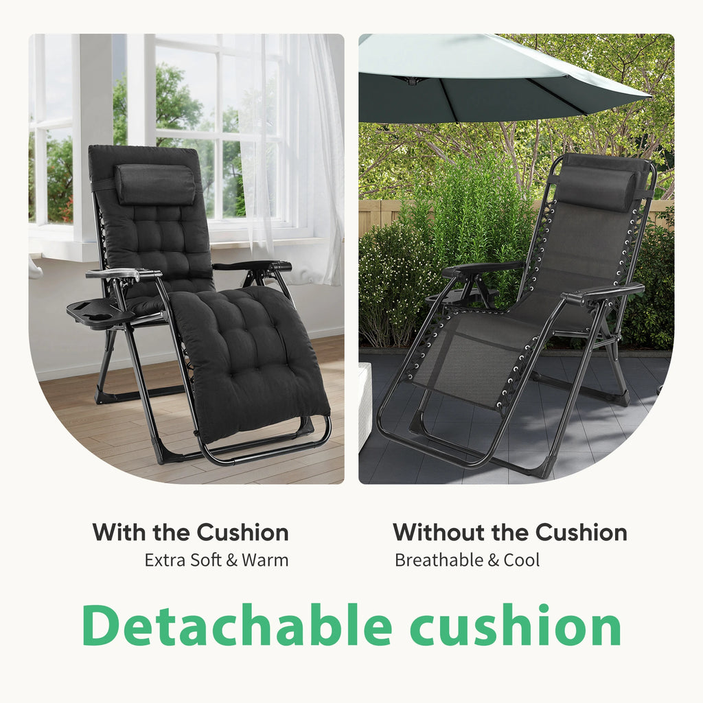 Zero Gravity Recliner Camping Patio Lounge Chair Folding Portable with Cup Holder Trays Removable Cushion For Outdoor Garden