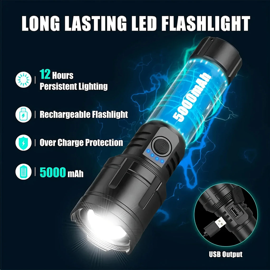 Zoomable LED Flashlight with Lens Ignition Function, Rechargeable High Power Tactical Flashlight, USB Charging with Power Indicator Light, Perfect for Outdoor Camping, Survival & Emergency Use