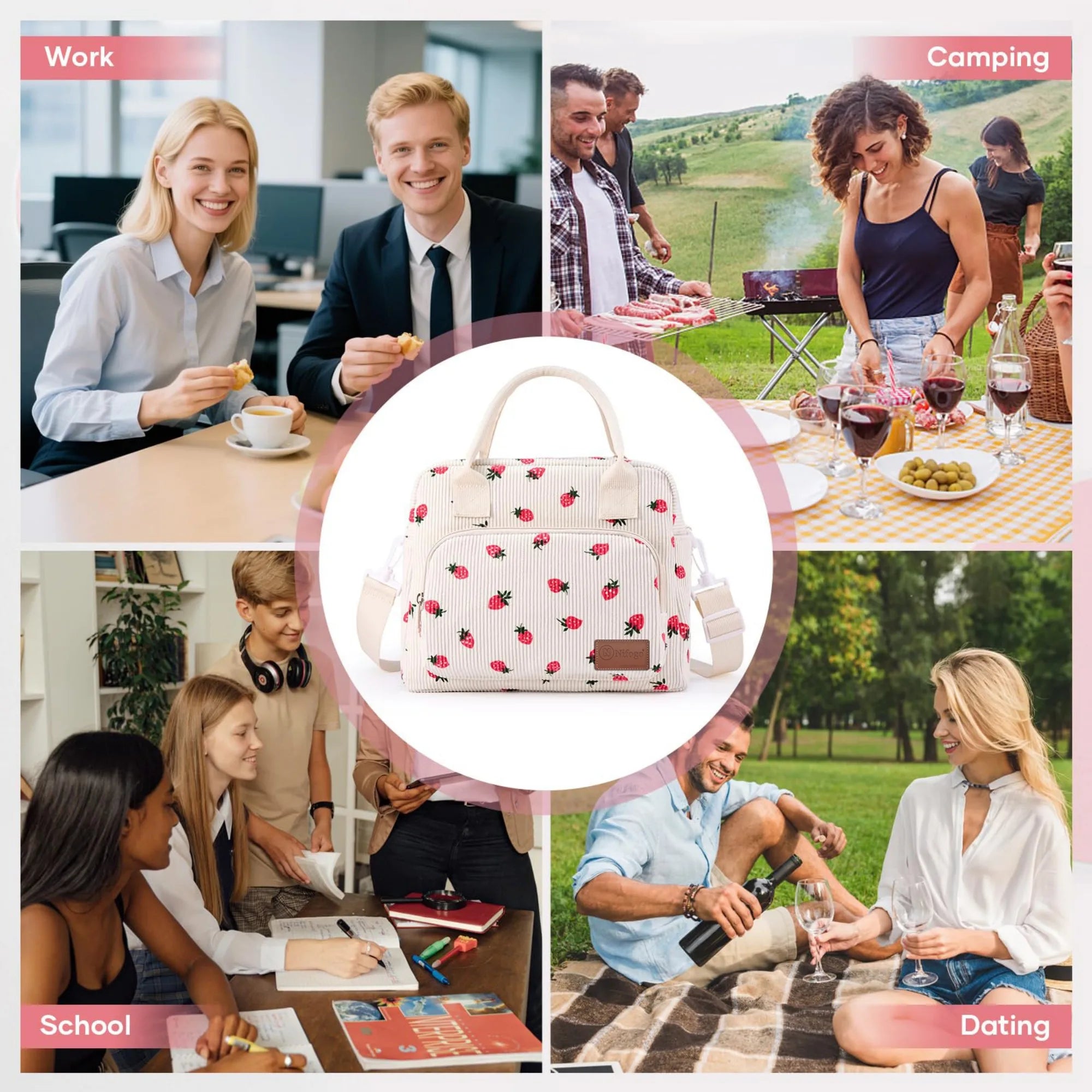 Cute Strawberry Print Insulated Lunch Bag, Corduroy Thermal Cooler Tote with Adjustable Shoulder Strap, Leakproof Portable Lunch Box Carrier for Work School Picnic