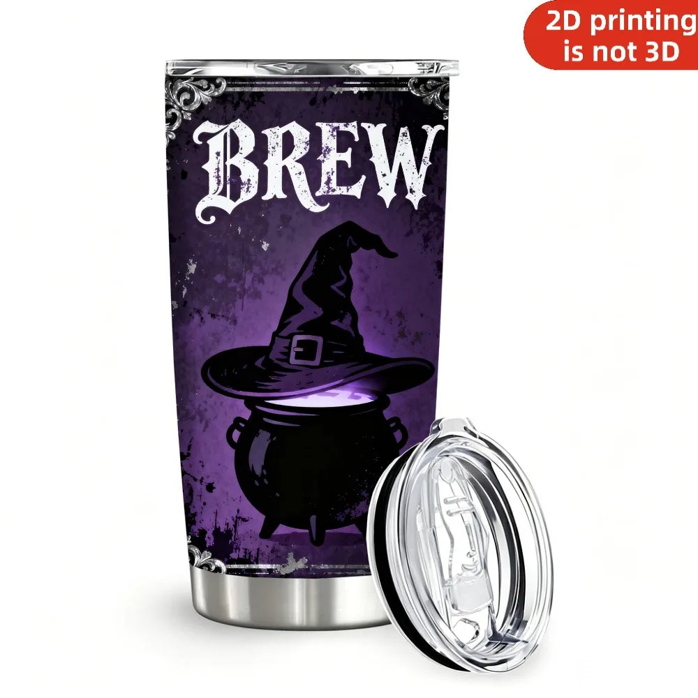 20oz Brew Quality Potions Printed Stainless Steel Tumbler with Lid and Straw, Gothic Purple Witch Cauldron Broomstick Halloween Witches Brew Vacuum Insulated Travel Coffee Mug Gifts